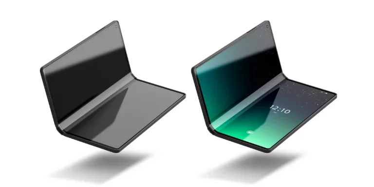 Turned on off flexible book phone display half folded mockup
