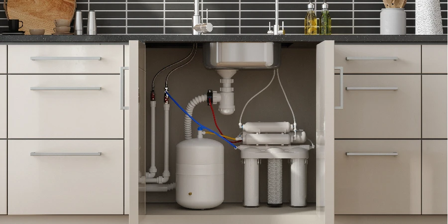 Front View Of Reverse Osmosis Water Filtration System In Kitchen Cabinet