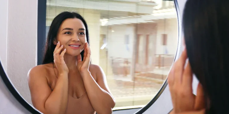 woman is doing her face routine
