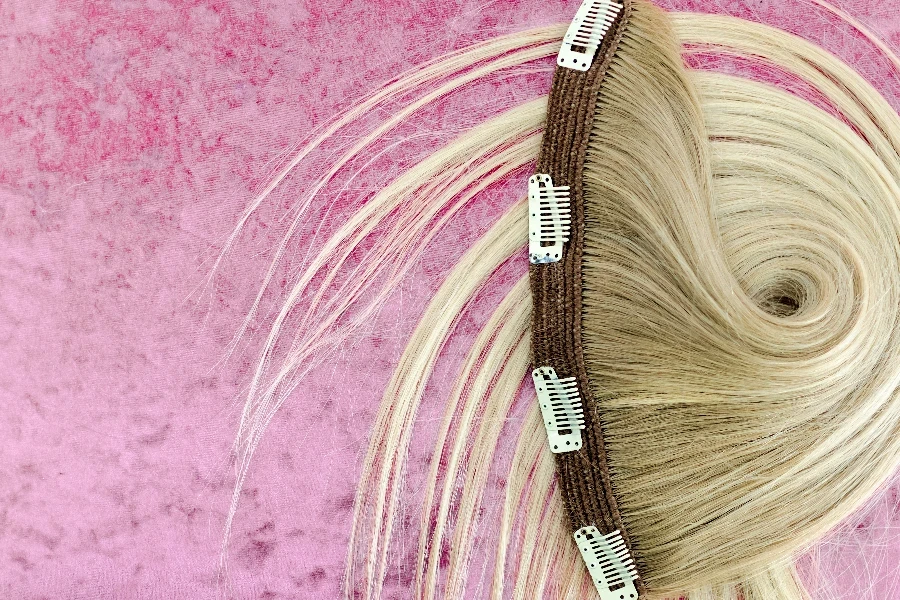 Clip in straight long platinum blonde human hair extensions or wig