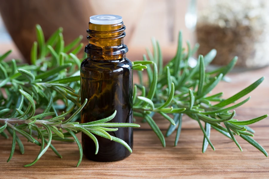 A dark bottle of rosemary essential oil with fresh rosemary twigs
