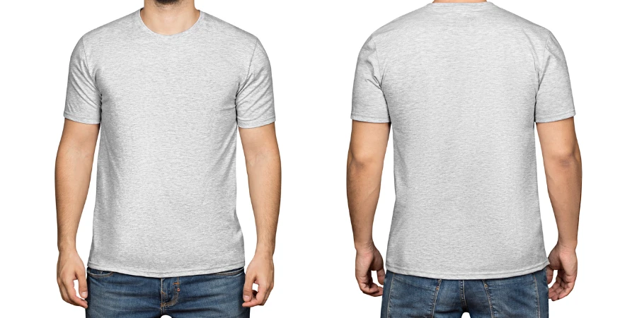 Gray t-shirt on a young man isolated white background, front and back