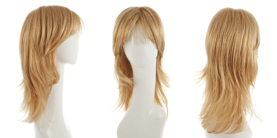Open wave hair wig over the white plastic mannequin head isolated over the white background