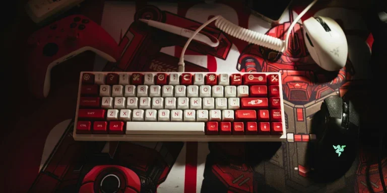 White and Red Computer Keyboard in Close Up Shot