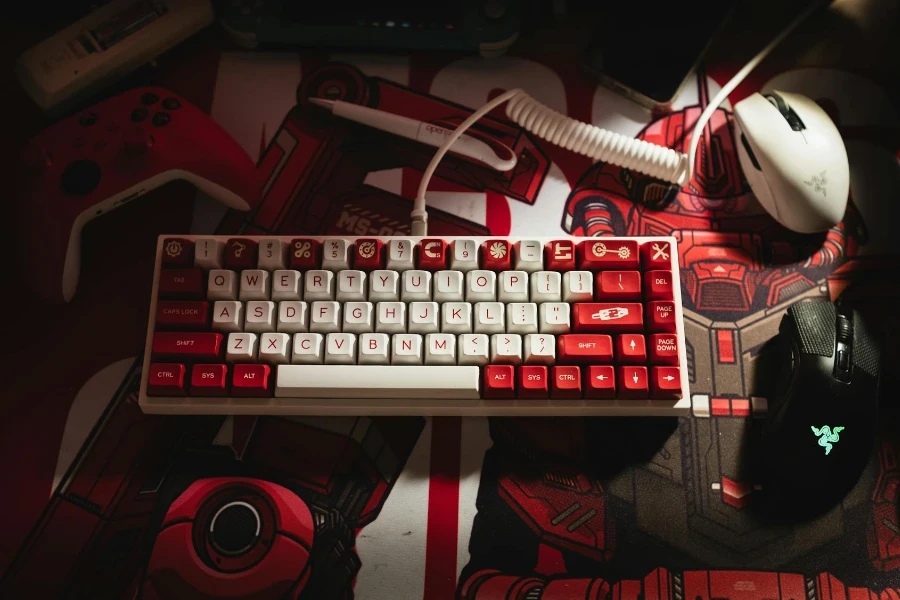 White and Red Computer Keyboard in Close Up Shot