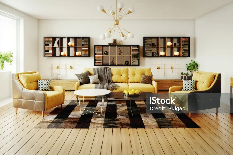 Interior decor with white, black, and rich mustard accents