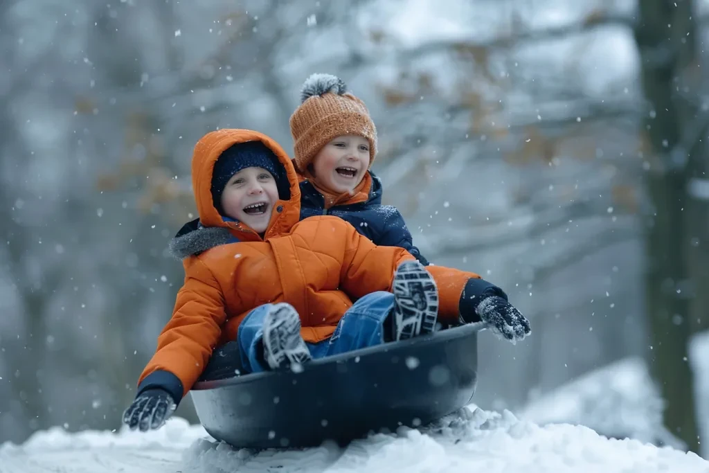 kids sitting on top of each other inside their dark navy blue sled