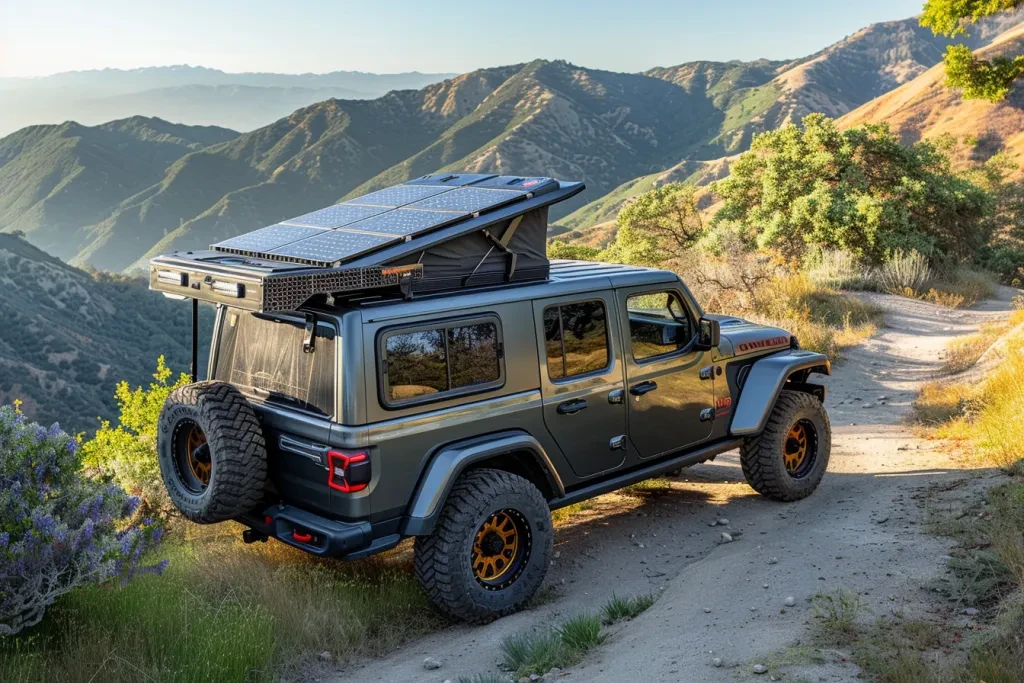 large open roof rack with solar panels on the back and sides