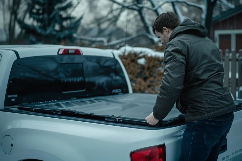 man opening white truck bed with black hard flat tonneau cover