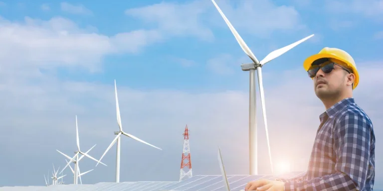 Man stands next to solar panels and wind turbine arrays