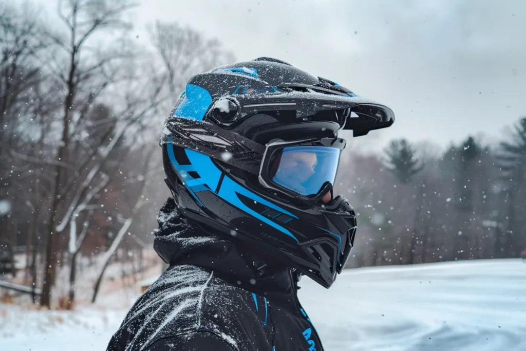 man wearing black and blue snowmobile helmet