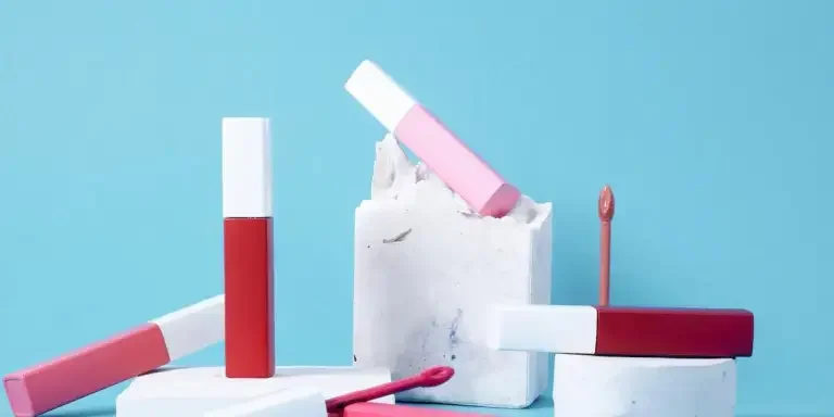 Multiple lip glosses on a blue background