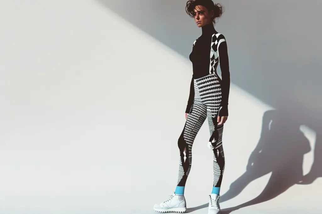 of a Woman wearing monochrome houndstooth wavy pattern leggings with navy blue