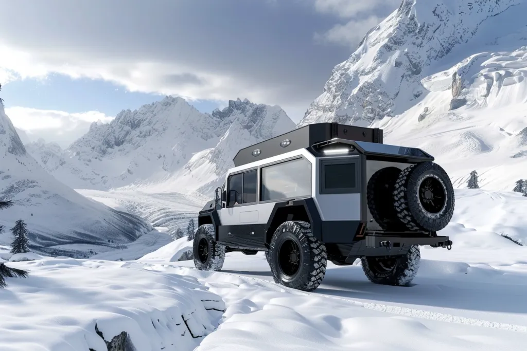 offroad black expedition truck with white cabin with big windows
