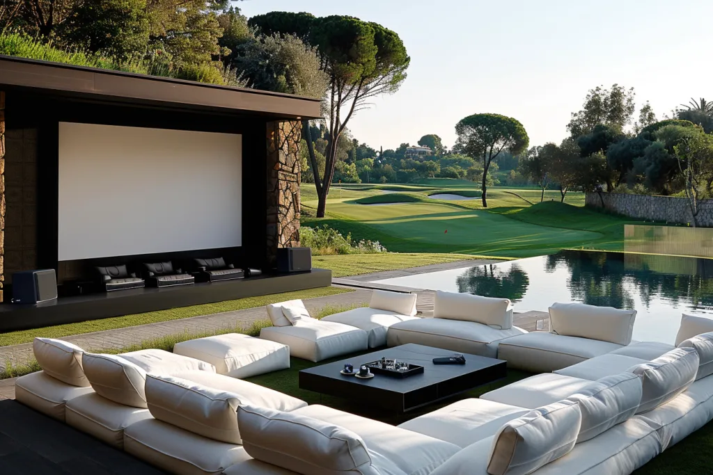 outdoor home cinema with a large screen on the wall of black color
