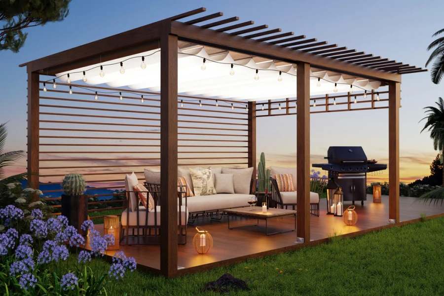 outdoor living space under beautiful sunset 