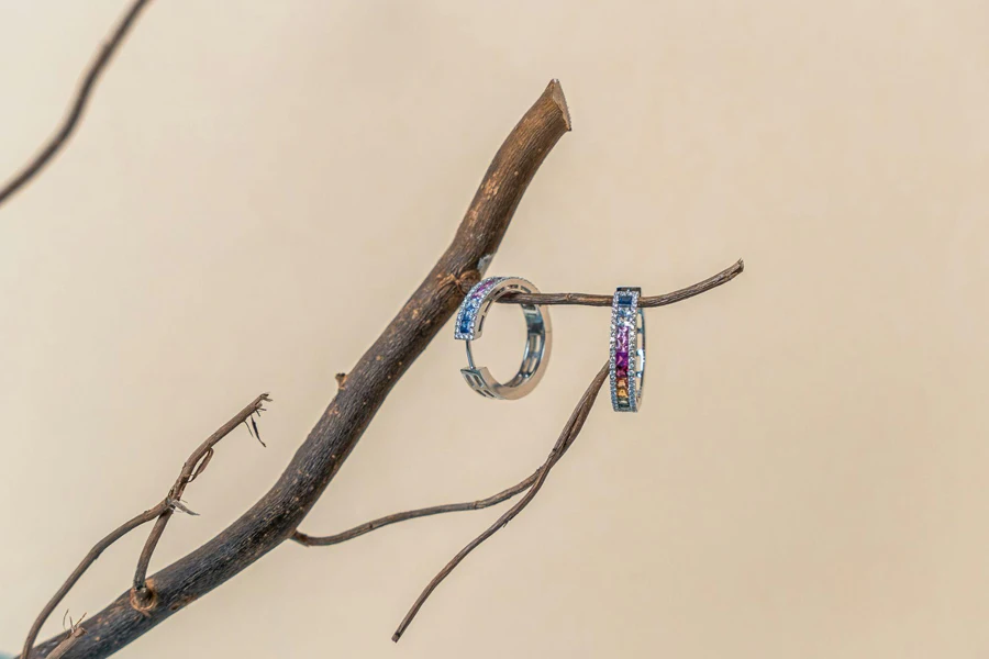 pair of silver pave huggies on a branch