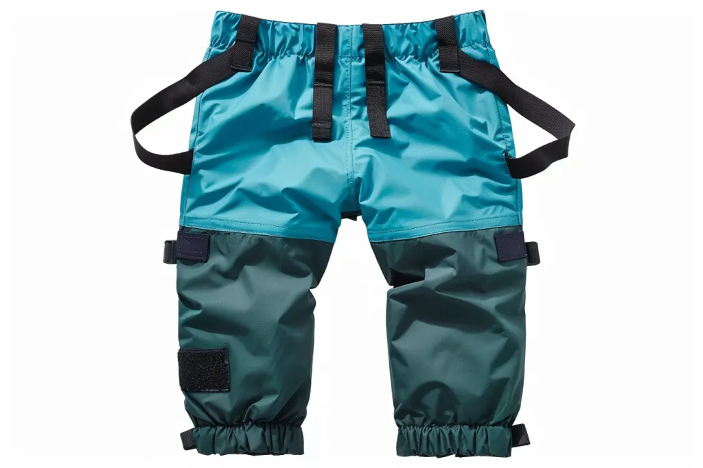 pants in teal and blue with black straps