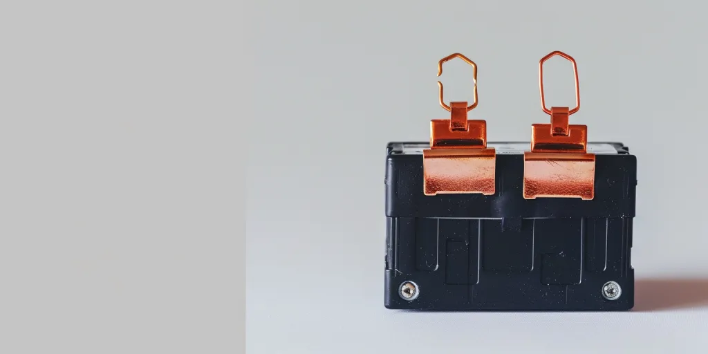 photo of a battery with copper clamps attached to it on a white background