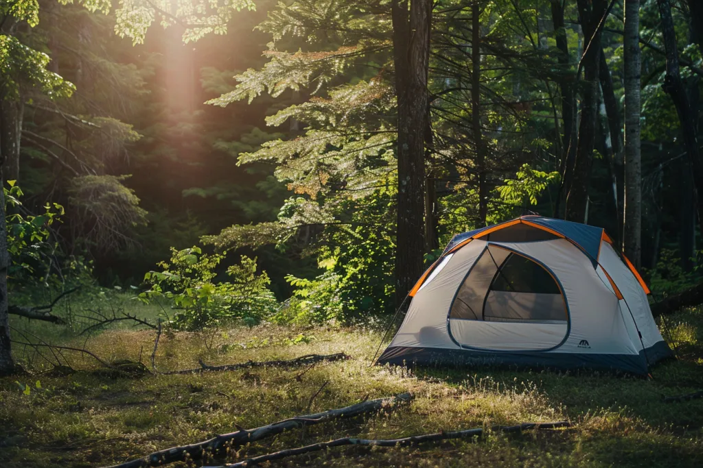 photo of a single tent set up in a forest