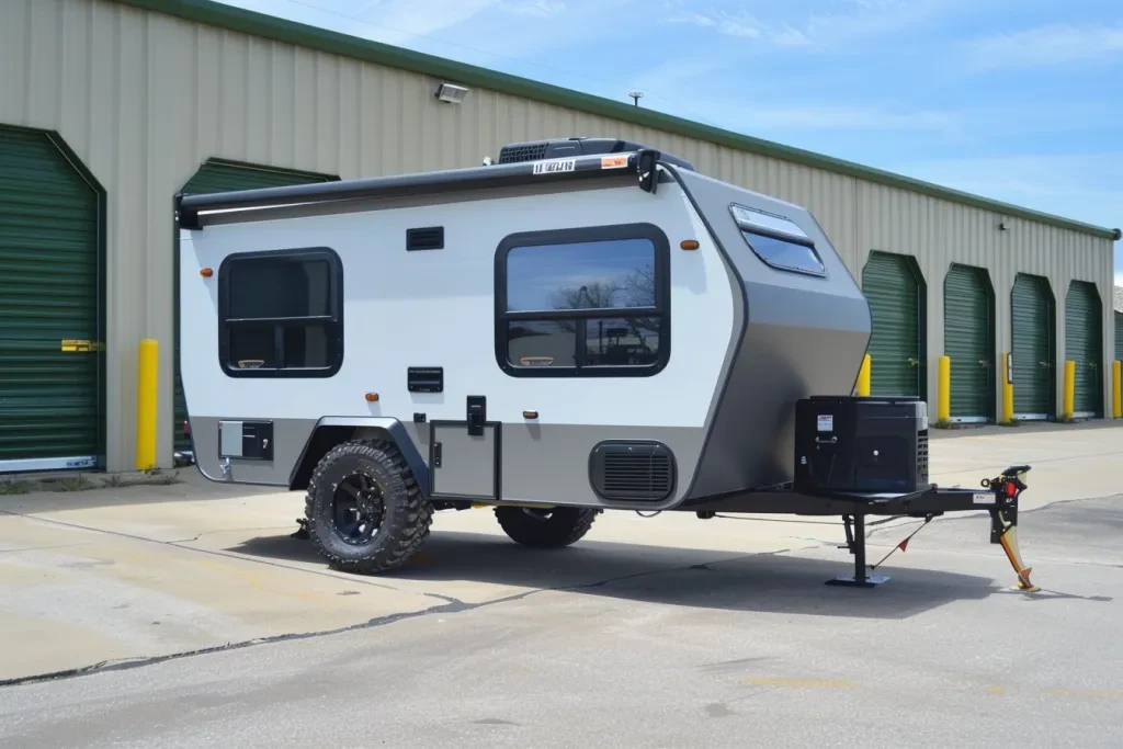 photo of an off-road travel trailer parked in front of green storage unit buildings