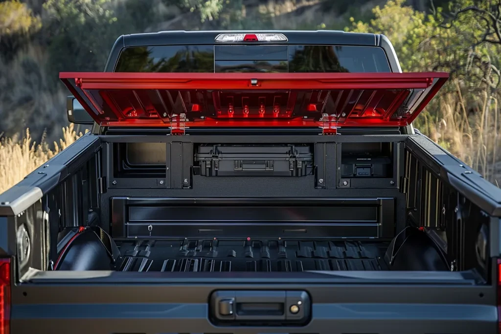 photo of an open black tonneil box with a red truck bed cover on top