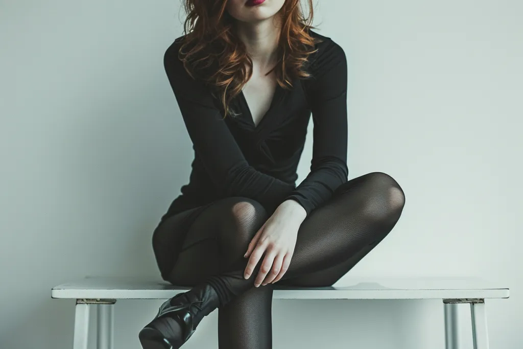 photo of attractive woman wearing black pantyhose and shoes