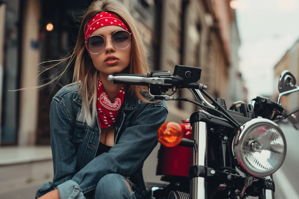 photo of biker woman wearing red bandana sitting next to her motorcycle