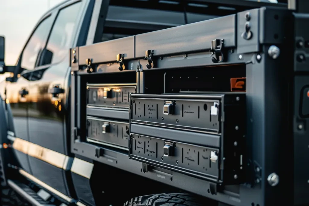 photo of black side panels and tray on the back of truck bed with multiple drawers in one section