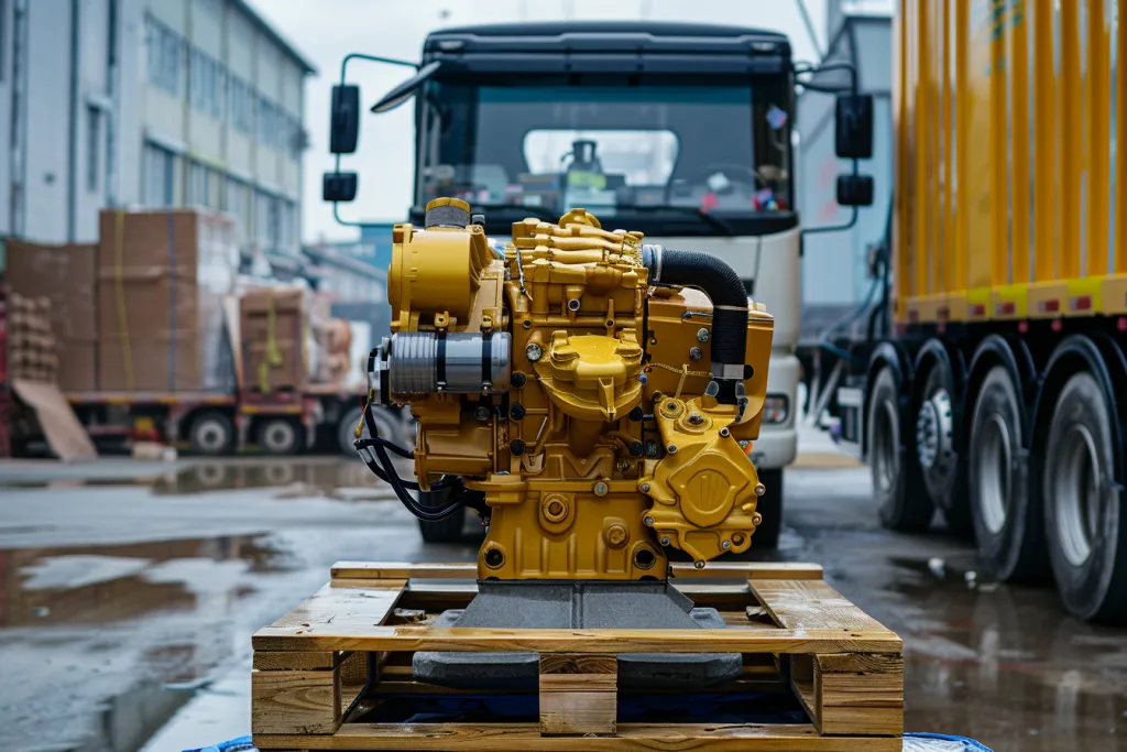 photo of new yellow cat engine on pallet