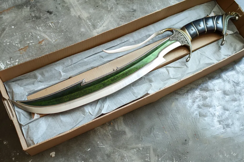 photo of real large long green and white metal scimitar with bright green blade