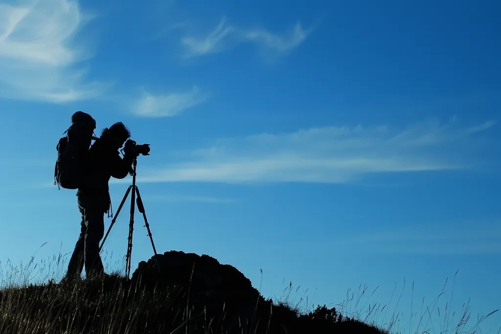 photographer with camera and tripod on the top of hill