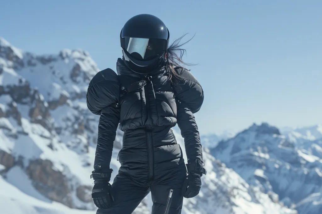 photoshoot of woman in black ski suit