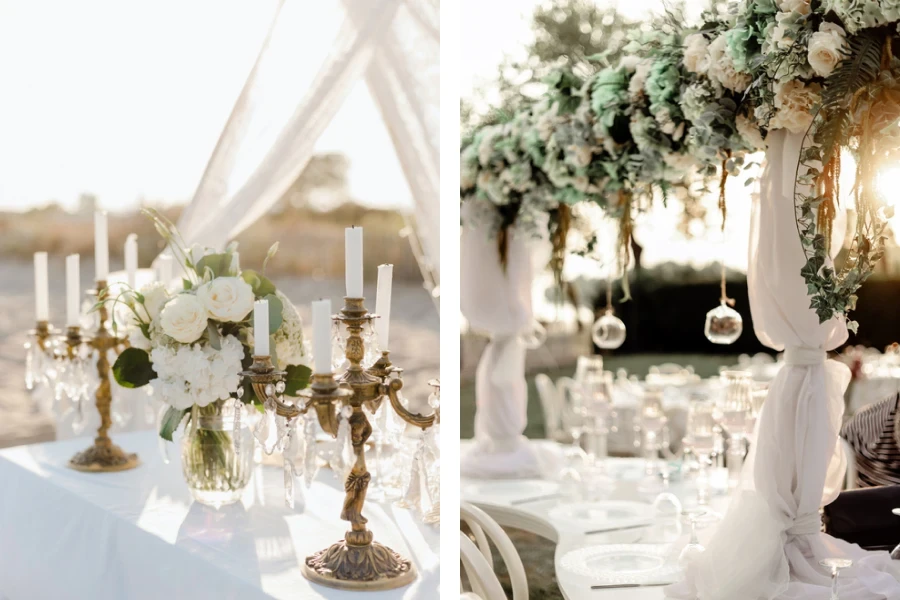 retro wedding brass candelabra and french arch decor