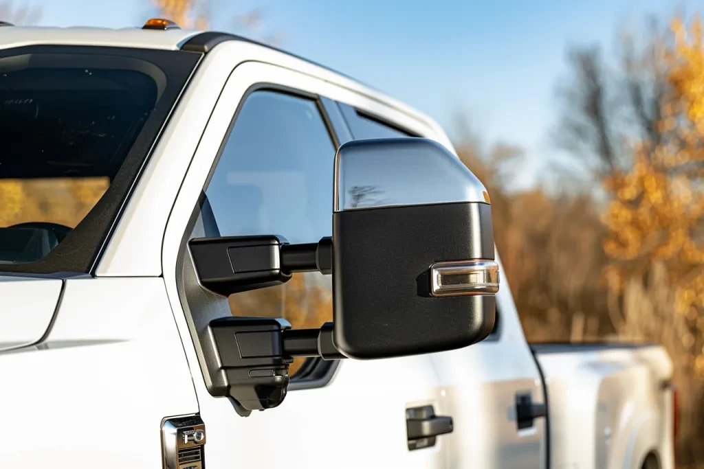 right side mirror with black arms and black trim