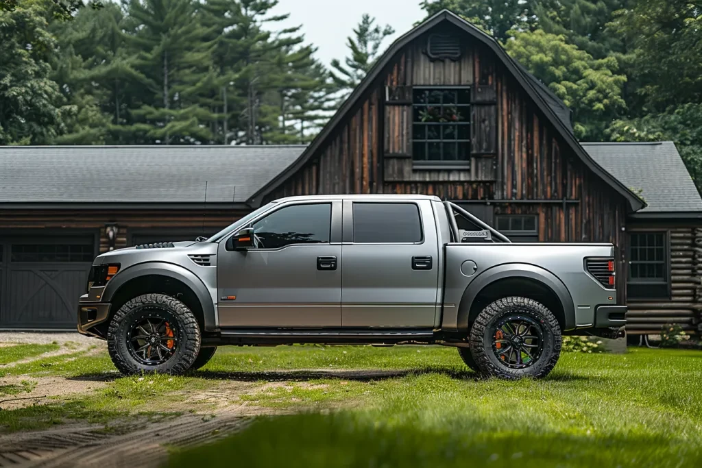 roof rack and tinted windows parked in front of barn