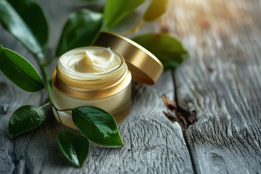 round jar of cream with gold accents and green leaves beside it on an old wooden table