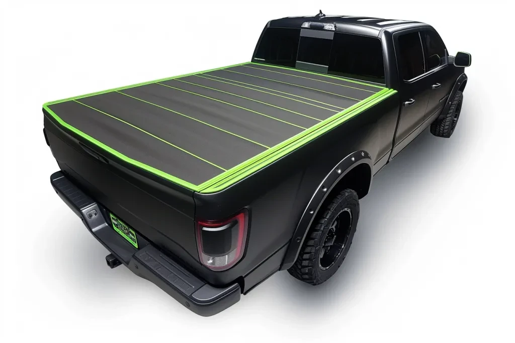 rugged looking truck bed cover with bright green accents on the edges of its sides