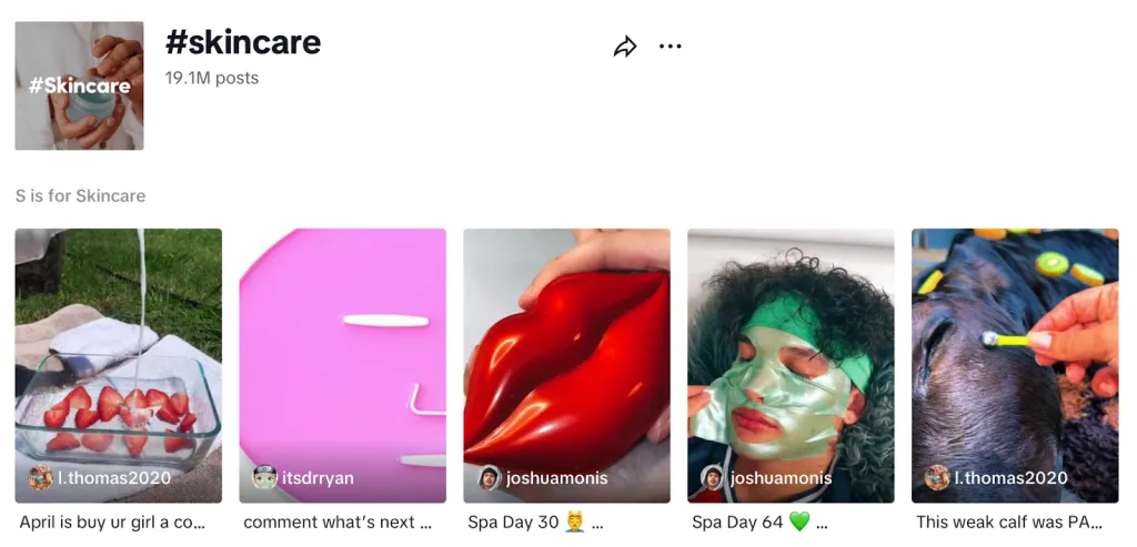 Screenshot from the #skincare discover page on TikTok