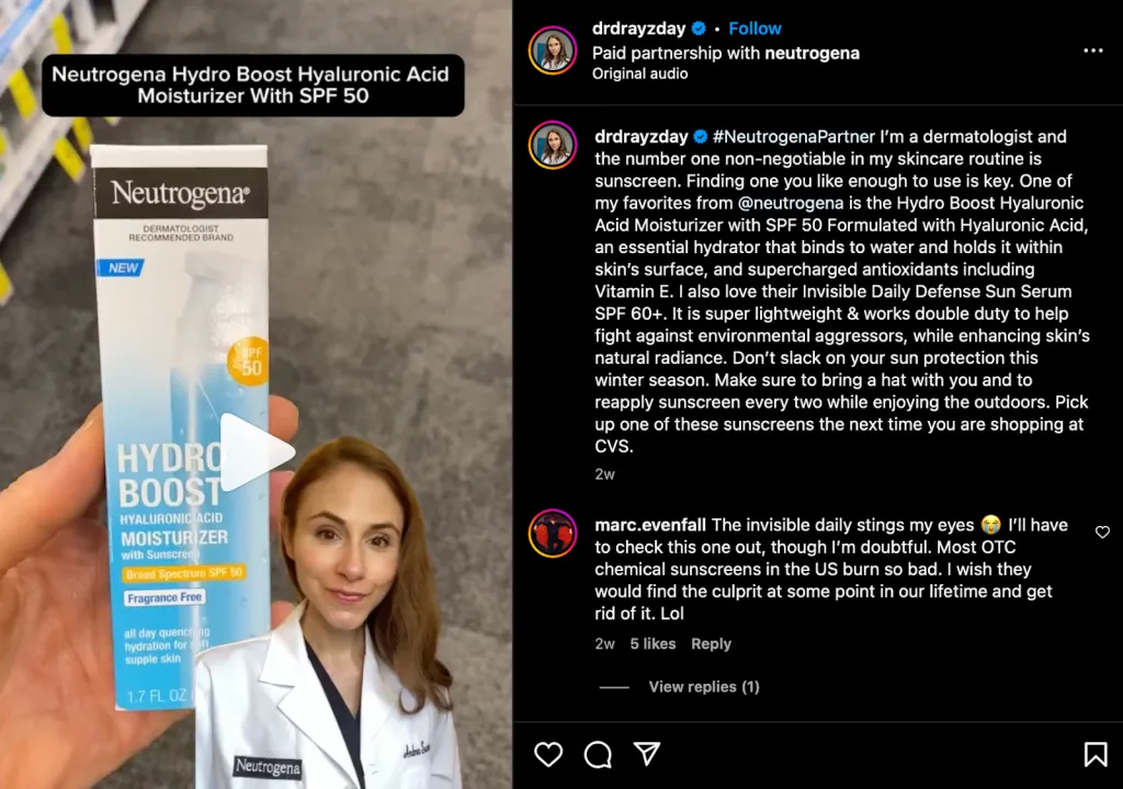 Screenshot of dermatologist giving advice on Instagram