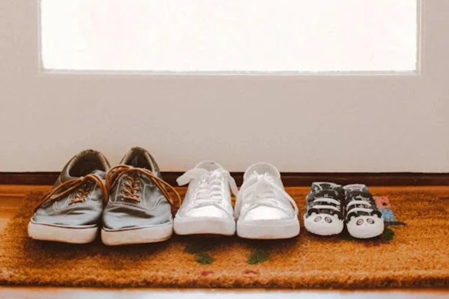 Shoes positioned atop a plush doormat