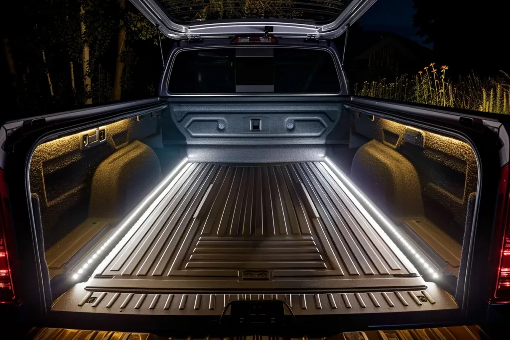 showcasing the design of an open tailgate and cargo area at night time