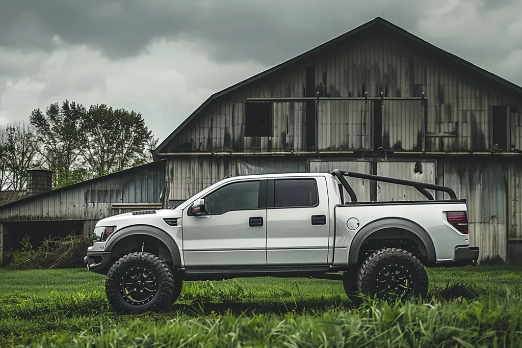 side view of the truck parked in front of a barn on green grass