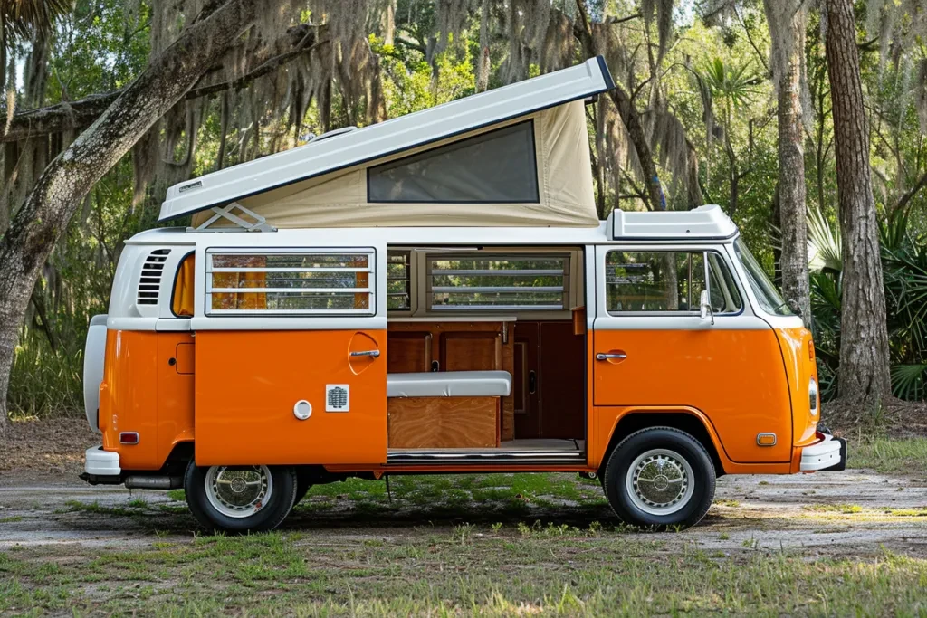 small vintage camper with the door open