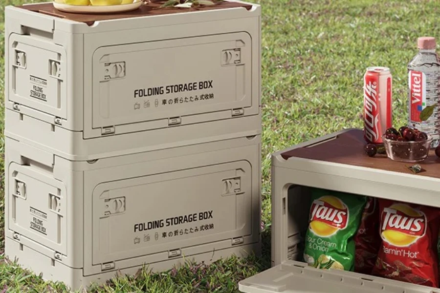 Stackable storage boxes on some grass