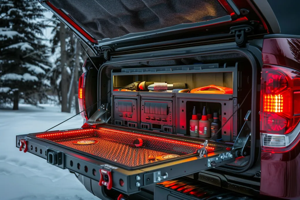 taco truck bed tool box with open lid and tools inside