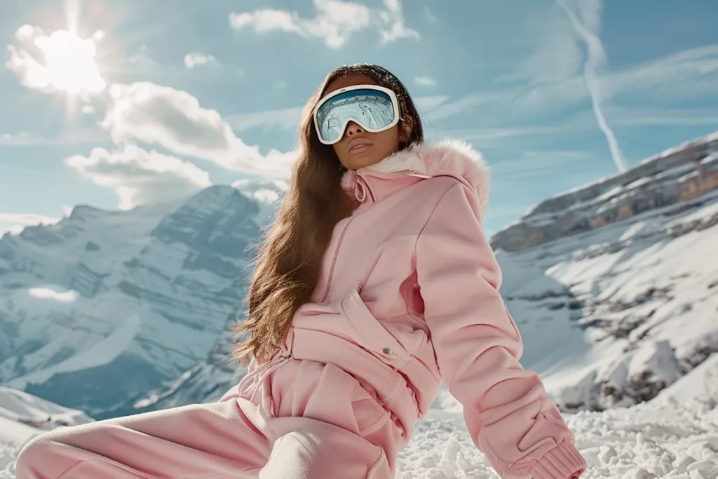 tan skinned baddie in oversized baby pink ski suit