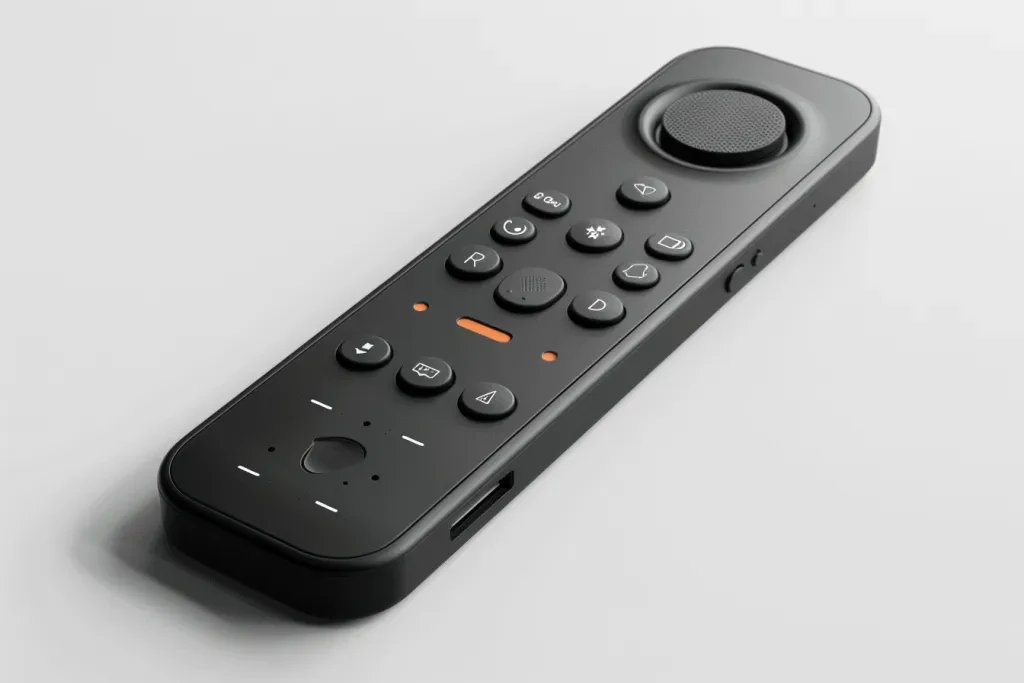 the fire tv remote control is shown with the black case and white background