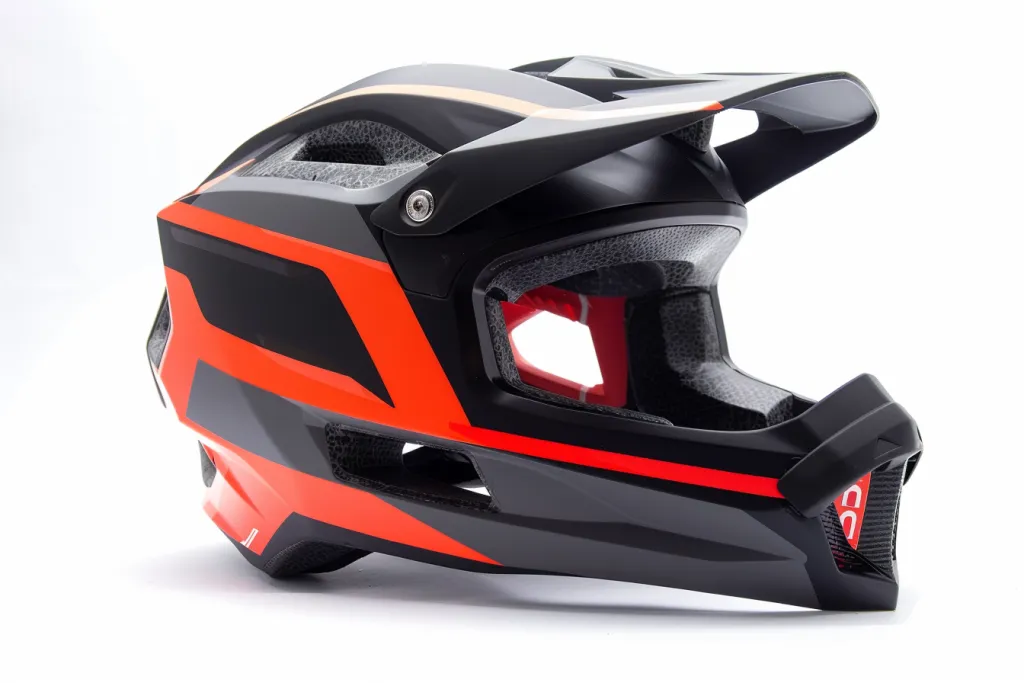 the helmet is black and red with an orange stripe on the front