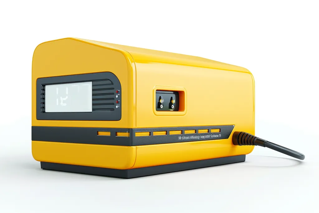 the yellow car battery charger with digital display and white background